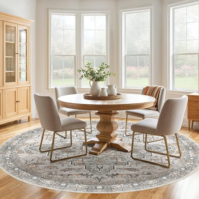 Round Rug Living Room Rugs: 7x7 Washable Boho Neutral Large Circle Soft Indoor Floral Stain Resistant Floor Farmhouse Carpet for Bedroom Nursery Kids Playroom Office Dining Room- Taupe