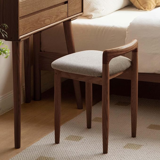 Vanity Stool Oak Wood Vanity Chair, Wooden Chair for Vanity with Upholstered Cushions for Living Room, Bedroom, Walnut