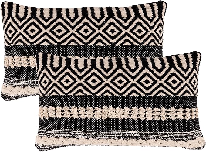 REDEARTH · Boho Textured Throw Pillow Cushion Covers - Cotton Lumbar Woven Tufted Decorative Farmhouse Cases Set for Couch, Sofa, Chair, Dining, Outdoor (12"x20", Char Delineate Black) Pack of 2
