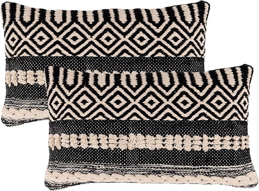 REDEARTH · Boho Textured Throw Pillow Cushion Covers - Cotton Lumbar Woven Tufted Decorative Farmhouse Cases Set for Couch, Sofa, Chair, Dining, Outdoor (12"x20", Char Delineate Black) Pack of 2