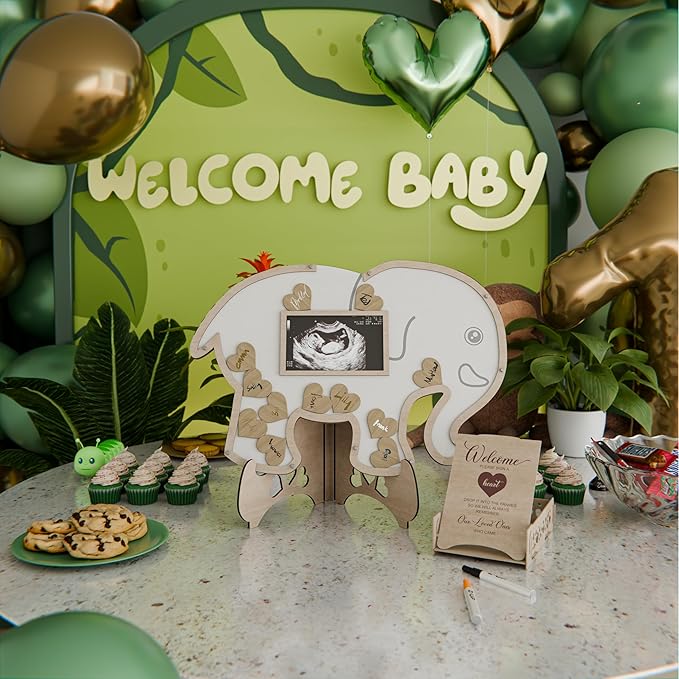 Elephant Baby Shower Guest Book Keepsake - Jungle Decorations Centerpiece - Gender Neutral Boy or Girl - Sonogram Ultrasound Frame Keepsake- Nursery Decor Photo Frame - Safari Shower Sign In Guestbook