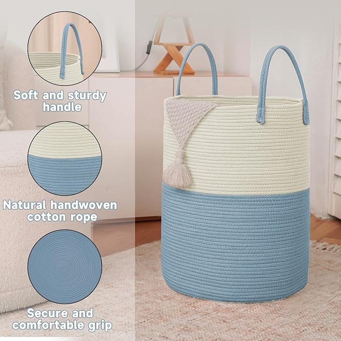 JMvicyroam Large Woven Laundry Basket Hamper,100L Cotton Rope Storage Bin for Blankets,Toys and Clothes,Decorative Tall Nursery Hamper for Living Room,Baby Nursery,Bathroom and Bedroom,White and Blue