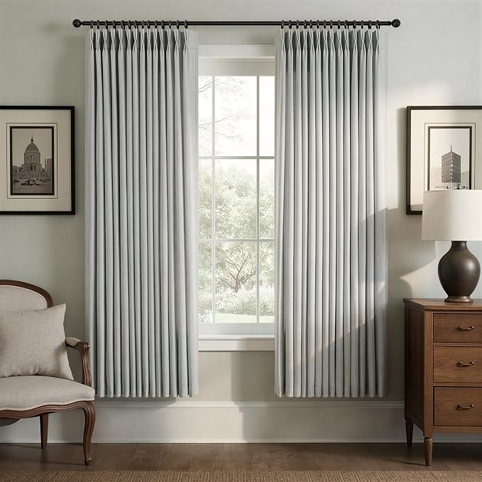 Grey Bedroom Curtains 63 Inch Length for Living Room 2 Panel Back Tab Burlap Boho Semi Sheer Dove Gray Light Filtering Linen Pleated Curtains for Nursery Teen Boys Room Office Modern Farmhouse Decor