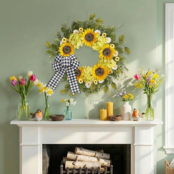 Sunflower Wreaths for Front Door, 22 Inch Spring and Summer Welcome Wreath with Bow for Farmhouse Porch Wall Window Home Decor for Indoor Outdoor Housewarming Gift