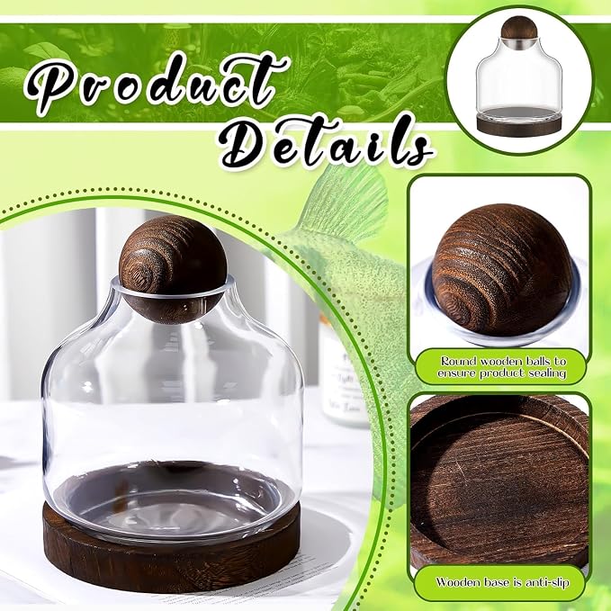 1 Pcs Glass Terrarium Container with Wooden Base and Decorative Ball Lid, 7 Inch DIY Terrarium Jar for Moss, Ferns, Air Plants and Succulents, Mini Indoor Garden Vase for Home Office Desk Decor