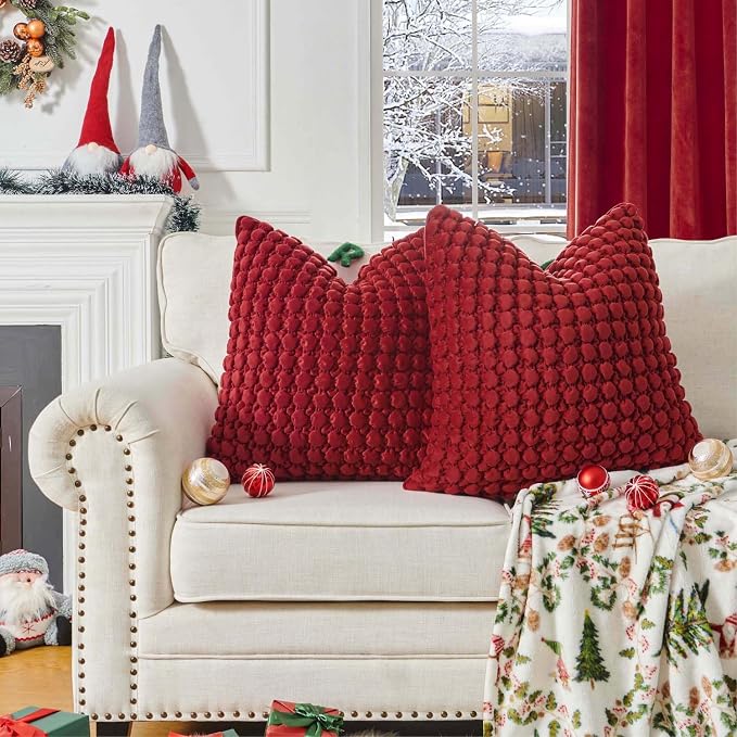 Pillow Cover 24x24 1 Piece Velvet Euro Sham Decorative Farmhouse Pillowcase Boho Square Cushion Covers Soft Bubble Texture for Couch Sofa Bed Bedroom Car Living Room，Red