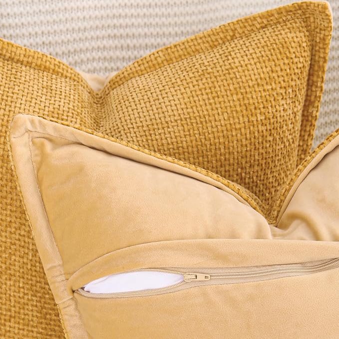 MADIZZ Decorative Chenille Velvet Throw Pillow Covers Set of 2 Soft Boho Textured Neutral Couch Throw Pillow for Bed Modern Farmhouse Home Decor for Sofa Livingroom Yellow 24x24 Inch Euro Sham