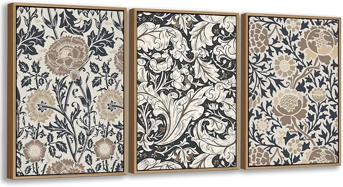Large Flowers Wall Art for Living Room Natural Wood Float Framed Art Set of 3 William Morris Floral Canvas Pictures Vintage Artwork Botanical Canvas Poster Prints for Bedroom Wall Decor 20"X28"X3