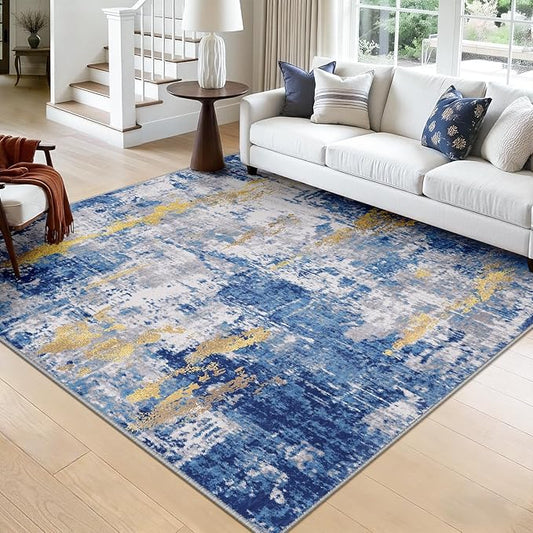 RELEANY Washable Area Rugs Square 8ft Non-Slip Modern Abstract Soft for Living Room Entryway Bedroom Nursery, Print Pattern, Grey Blue Gold/Golden
