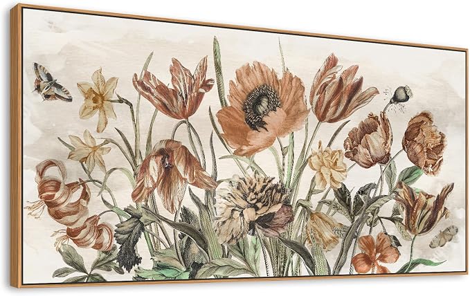 yearainn Rustic Floral Framed Wall Art - Warm Earthy Tones Flowers Canvas Pictures Wall Decor Farmhouse Painting Artwork Elegant Botanical Prints Living Room Home Decor Natural Wood Frame 58" x 29"