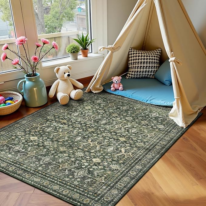 Lofus 4x6 Area Rug for Entryway, Green Non Slip Area Rugs for Kitchen, Washablee Soft Rugs for Bedroom, Living Room, Tool Room Nursery Kids Room Decor