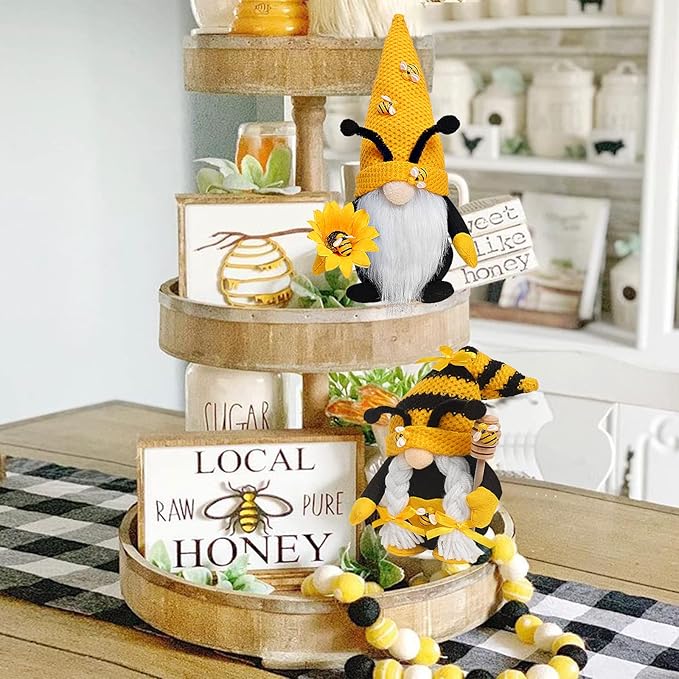 CRCZK Bumble Bee Gnome Plush - Mr and Mrs Honeybee Spring Gnomes Plush Ornaments Tomte Elf World Bee Day Decor, Summer Bee Figurines Table Shelf Tiered Tray Decorations, Gifts for Women