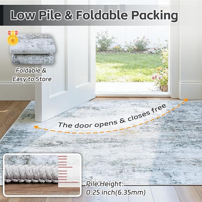 8x10 Area Rugs Washable Rug:Anti-Skid Abstract Modern Living Room Rug Soft Thin Carpets Indoor Floor Non-Shedding Carpet for Bedroom Dining Farmhouse Nursery Home Office(Blue/Grey/Gold/White, 8x10)