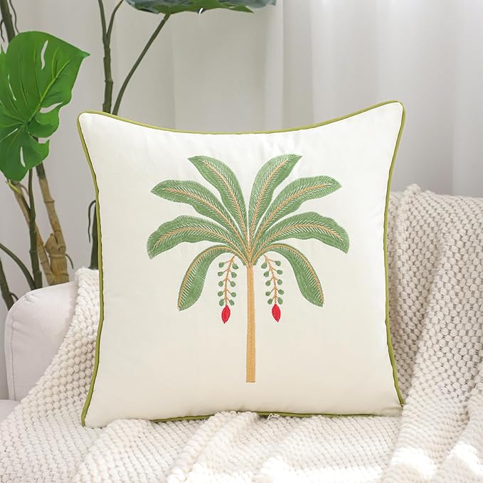 Palm Tree Pillow Covers 18x18 Inch Set of 2 Vintage Tropical Embroidered Throw Pillow Covers Outdoor Decorative Cushion Cover Sage Green Square Pillowcase for Spring Summer Home Decor