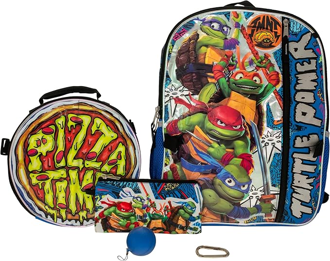 AI ACCESSORY INNOVATIONS Teenage Mutant Ninja Turtles 5 PC Backpack Set, Raphael, Leonardo, Donatello, & Michelangelo 16” School Bag, TMNT Bookbag, Blue