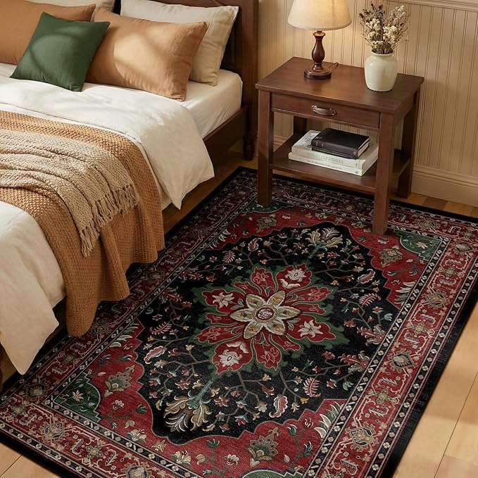 RELEANY Area Rugs 3'x5' Washable Non-Slip, Floral Vintage Distress Print Pattern Medallion Carpet for Living Room Bedroom Dining Room, Red Black