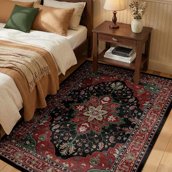 RELEANY Area Rugs 3'x5' Washable Non-Slip, Floral Vintage Distress Medallion Carpet for Living Room Bedroom Dining Room, Red Black