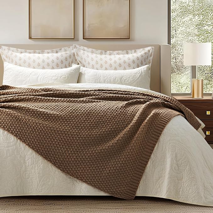 EVERGRACEHOME Chunky Chenille Knit Throw Blanket for Couch, Soft Luxurious Moss Stitch Blankets for Bed, Cozy Decorative Farmhouse Knitted Throws for Sofa, Camel Brown, 50" x 60"