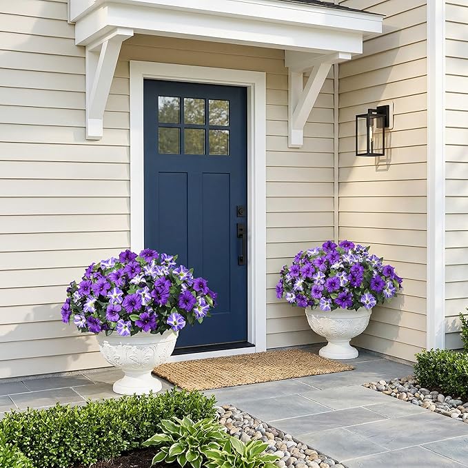 HyeFlora Artificial Flowers for Outdoors 4PCS Faux Petunias Silk Fake Flowers for Outside Planter UV Resistant Realistic Home Garden Porch Decor (Purple)