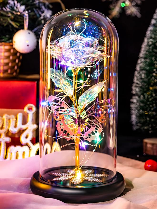 Mothers Day Flowers Gifts for Mom Women Birthday Gift, Galaxy Glass Rose Forever Eternal Crystal Rose in Glass Dome with Butterfly Mother's Day Roses Gifts for Mom Daughter Wife Women Grandma Colorful