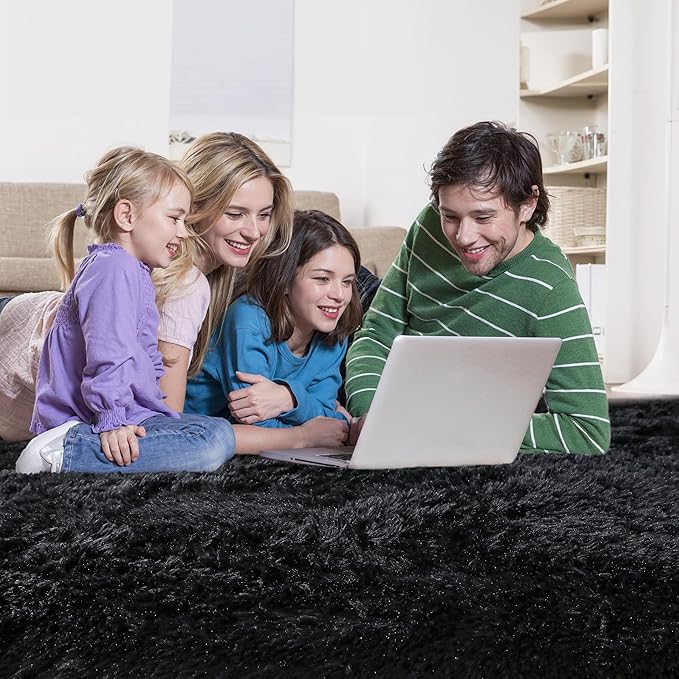 KICHOWUA Thick Area Rug Black Fluffy Shag 6x9 for Bedroom, Ultra Soft Plush Shaggy Fuzzy Washable Carpet, Modern Thickened Non-Slip Cozy Furry Rug for Living Room Kids Baby Nursery, and Dorm