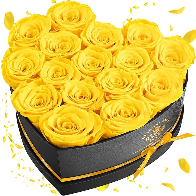 Impouo 16 pcs Preserved Flowers Rose in a Heart Shape Box,Preserved Flowers,Gifts for Women,Mothers' Day,Valentine's Day or Valentine’s Day,Yellow