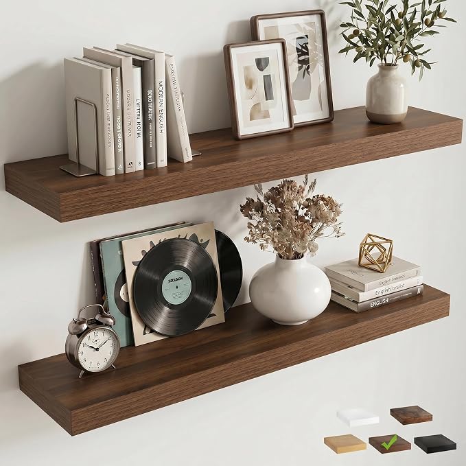 36 Inch Floating Shelves for Wall, 8"D Wood Storage Shelves, Walnut Finish | Engineered Wood, Invisible Bracket, Large Storage, Easy Install, Hold Up to 55lbs, Living Room, Bathroom, Bedroom, Kitchen