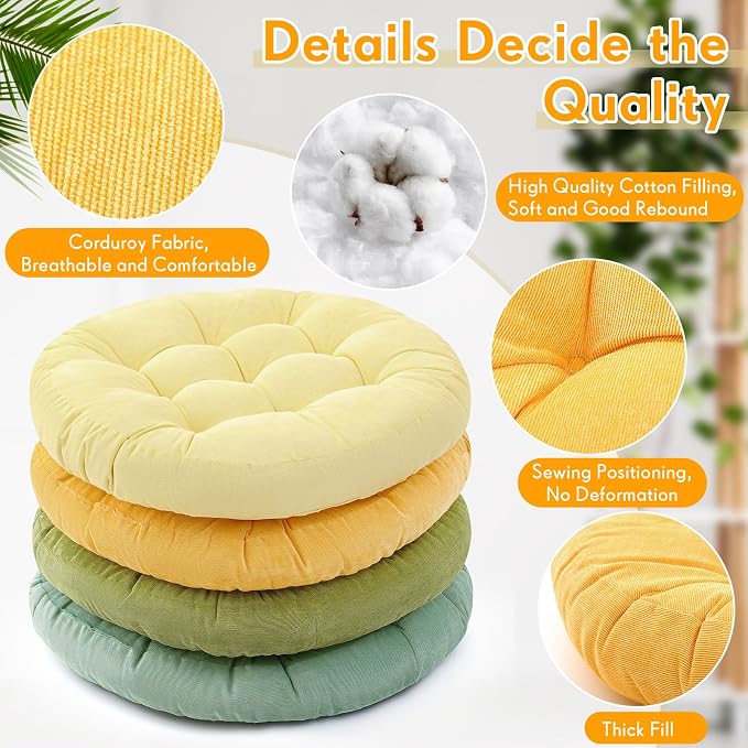 Jerify 4 Pcs Floor Pillow Cushions Large Round Square Large Meditation Floor Pillow for Classroom Adult Meditation Picnic Party Seating Learning Daycare School (Round,Yellow-Green)