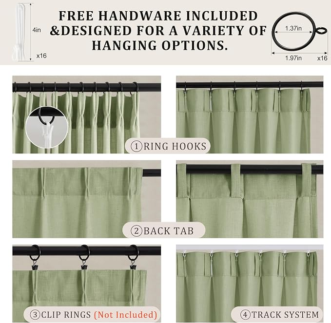 Pinch Pleated Linen Curtains 102 Inch, 2 Panels Premium 400GSM Memory Trained Semi Sheer Light Filtering Window Drapes for Living Room Bedroom Dining, Back Tab & Adjustable Hooks Rings , Sage Green