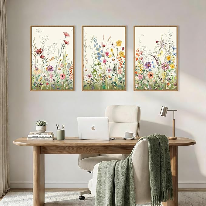 Large Watercolor Colorful Wildflower Framed Canvas Wall Art Set,Modern Natural Floral Botanical Wall Decor,Vibrant Flower Butterfly Landscape Artwork for Living Room, Bedroom,Office- 24"x36"x3