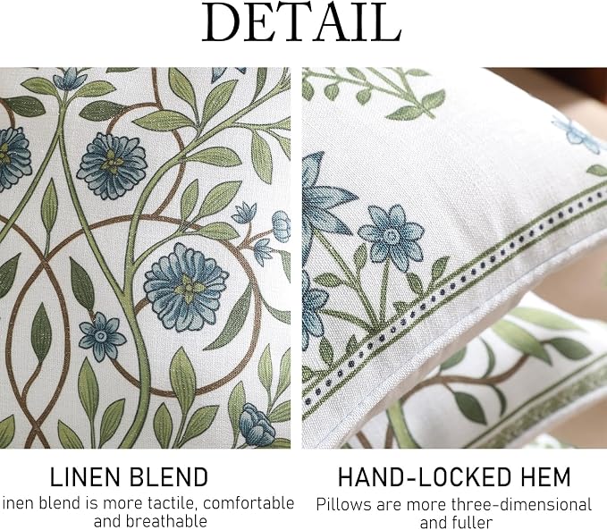 ISAENNE Designer Linen Throw Pillow Cover,Set of 2,18"x18"-Mosella A | Vintage Elegant Square Decor Pillow Cover,Concealed Zipper Design,Floral Pattern,Sofa,Bedroom,Living Room,Lounge Chairs