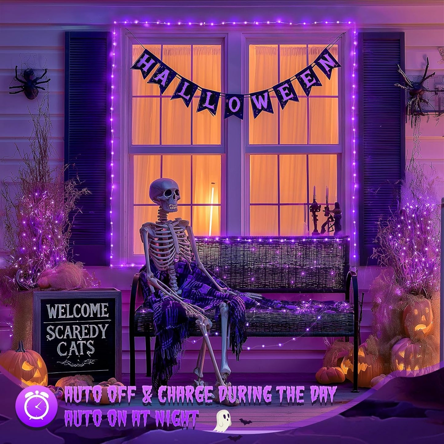 JMEXSUSS 2 Pack Solar Halloween Lights Outdoor, 33ft 100 LED Purple Halloween Lights, Waterproof 8 Modes Purple Solar Light for Outside Tree Garden Patio Christmas Decorations