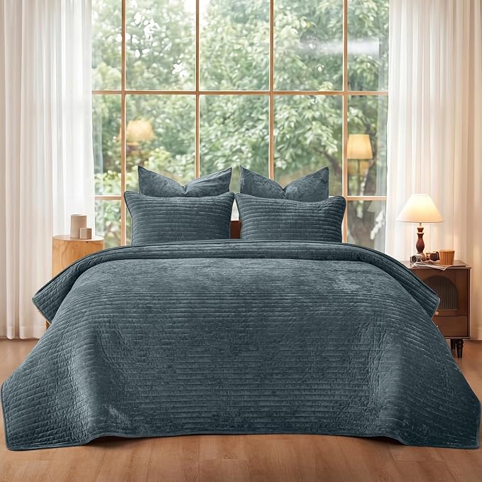 PHF Luxury Velvet Quilt Set King Size – 3PCS Ultra Soft Quilted Comforter Alternative with Striped Channel, Cozy Quilted Bedspread, 1 Coverlet with 2 Matching Shams, 108" x 92", Stormy Blue
