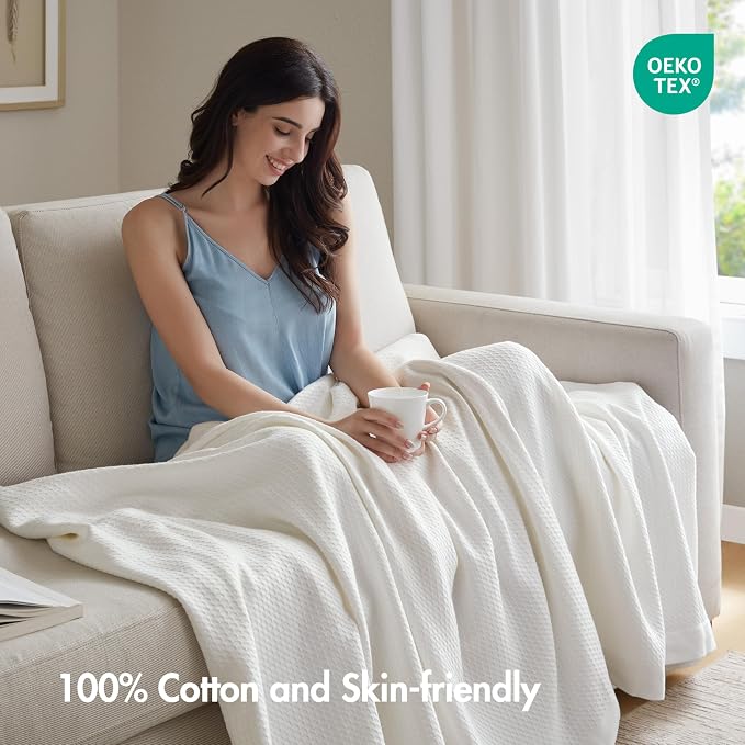 Madison Park 100% Egyptian Cotton Lightweight Summer Blanket, Breathable Waffle Knit Design, Soft Cozy All-Season Throw for Bed, Couch or Sofa, White Twin Size (66"x90")