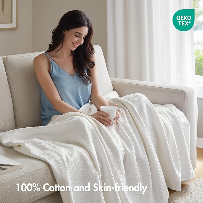 Madison Park 100% Egyptian Cotton Lightweight Summer Blanket, Breathable Waffle Knit Design, Soft Cozy All-Season Throw for Bed, Couch or Sofa, White King Size (108"x90")