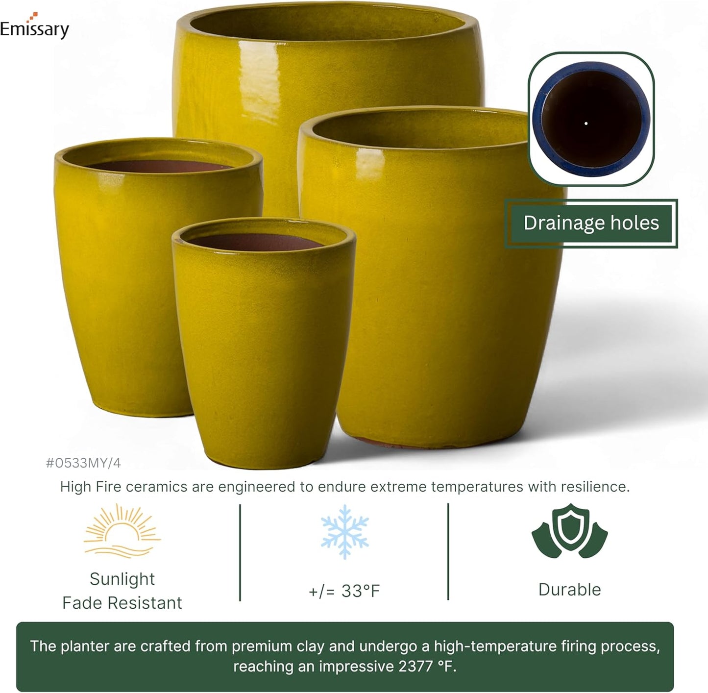 Emissary Bullet 14 in. Mustard Yellow Ceramic Round Planter (14 in. L x 14 in. W x 15.5 in. H) with Drainage Hole