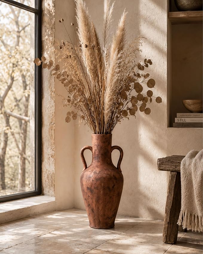 20.5in Tall Ceramic Floor Vase with Vintage Handles, Terracotta | Large Antique Terracotta Ceramic Floor Vase with Beige Speckles and Distressed Markings for Rustic Farmhouse Home Decor