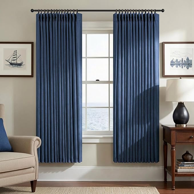 Navy Blue Curtains 63 Inch Length for Nursery Room Pair Set Back Tab Pinch Pleated Window Panel Semi Privacy Sheer Linen Textured Lightweight Navy Curtain for Boys Bedroom Game Gaming Room Indigo Blue