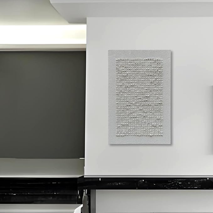 NANKAI Art Hand-Painted White Three-Dimensional Grid Texture Art, Modern Abstract Oil Painting, Minimalist Home Wall Decoration Art 45x30 inches