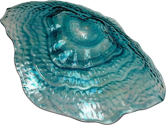 Oyster Shell Decorative Plate, 13 Inch Sea Blue Iridescent Glass | Wide Freeform Shell Form, Wavy Uneven Edges, Glossy Multitone Finish, Sits Flat for Tabletop Display