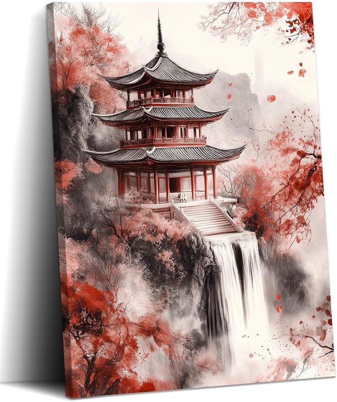 KPLUNDO Large Japanese Canvas Wall Art Red Decor Landscape Picture Pagodas Waterfall Paintings Prints Asian Artwork for Living Room Bathroom Home Office Decoration, 28x42 inch