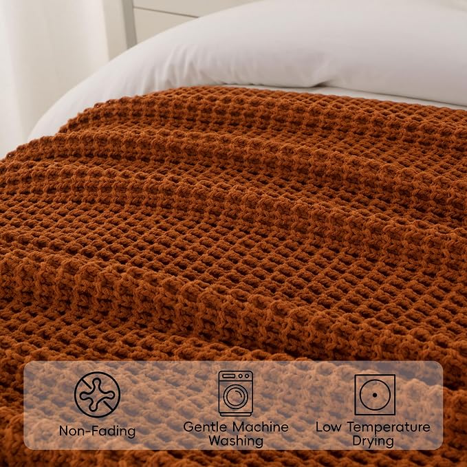 Bunnikins & Clover Knitted Waffle Blanket Throw, Fall Throw Blanket for Home Decoration, Caramel Throw Blanket for Couch, 50"x60"