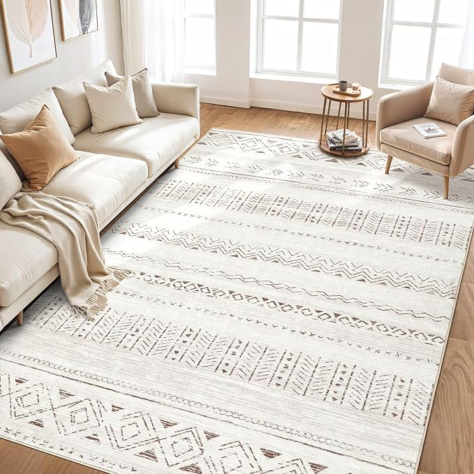 cotiled 5x8 Area Rug Living Room: Washable Boho Rugs with Non Slip Backing Large Soft Indoor Stain Resistant Carpet for Bedroom Farmhouse Dining Room Lightweight Home Decor L Brown/Cream
