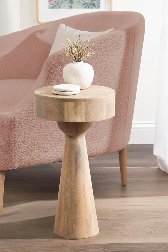 Kate and Laurel Solbrett Transitional Sophisticated Round Side Table, 12 x 12 x 22, Light Natural, Sculptural Living Room End Table with Unique Pedestal Table Design for Use as Bedroom Nightstand