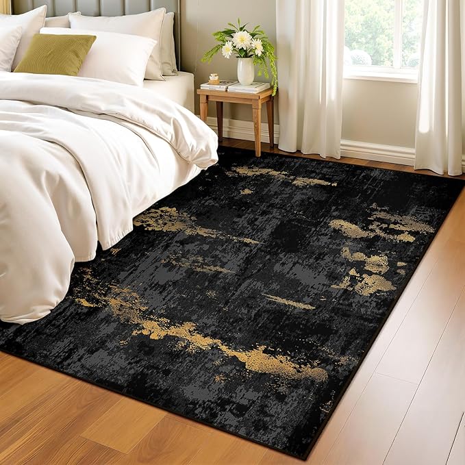 RELEANY Washable Area Rugs 4x5 Non-Slip Modern Abstract Soft for Living Room Entryway Bedroom Nursery, Print Pattern, Dark Black Gold