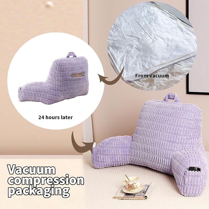 Reading Pillow for Sitting in Bed with Arm,Purple Corduroy,M | Sitting Pillow for Teens Back Support,17" Backrest Pillow Supports Reading,Gaming & Relaxing in Bed,Couch,or Floor