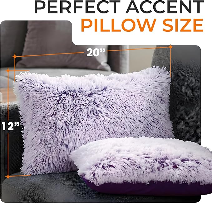 Cheer Collection Throw Pillows for Couch and Bed, Soft Shaggy Throw Pillows with Inserts Included, Cozy Long Hair Faux Fur Pillows - Set of 2-12" x 20" - Purple