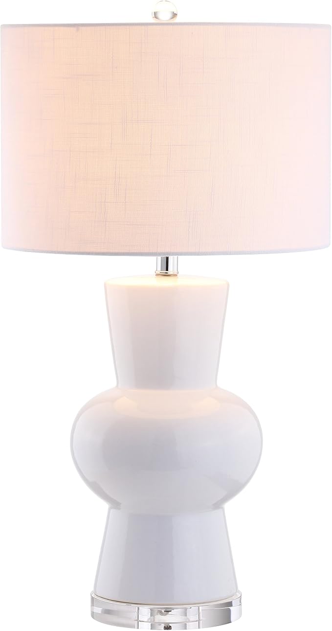 JONATHAN Y 28.5" White Ceramic Table Lamp for Living Room Bedroom Nightstand, Modern Hourglass LED Bedside Lamp with Crystal Base and Linen Shade JYL4027A