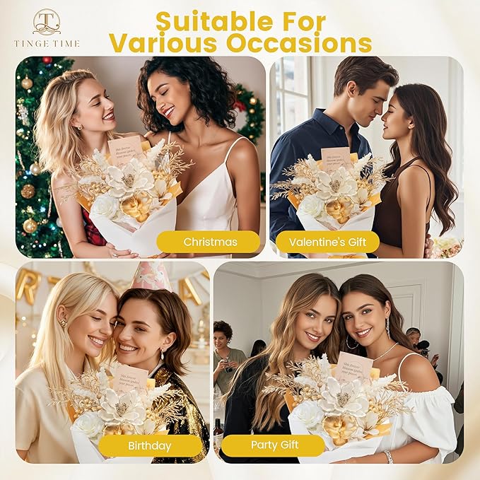 TINGE TIME Preserved Flowers Bouquet, Platinum Faux Rose Bouquets, Eternal Roses Bouquet for Wedding, Table Centerpieces, Mothers Day, Birthday Gifts, Anniversary, Graduation(White & Gold)