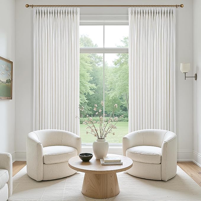 70 Inch Extra Wide Pinch Pleated Linen Curtains 100 Inch Length for Living Room Bedroom Natural Cream Beige Privacy Drapes Light Filtering for Patio Sliding Door 100 Inches Long with Hooks Clips Rings